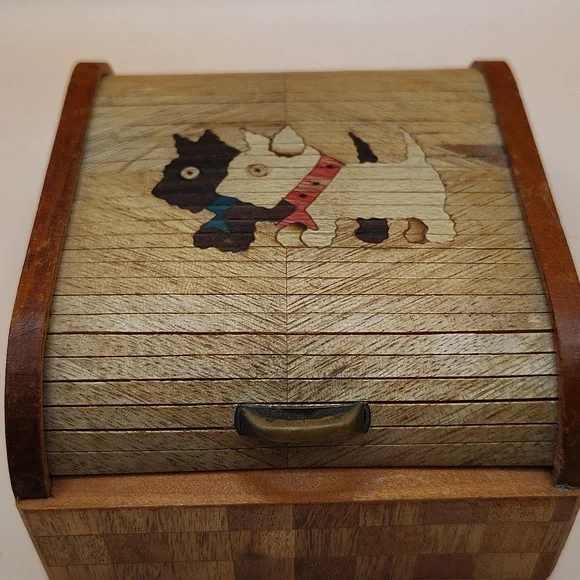 Vintage SCOTTY DOGS Inlaid Wood Case With Rolltop Articulated Lid JAPAN - Picture 6 of 8